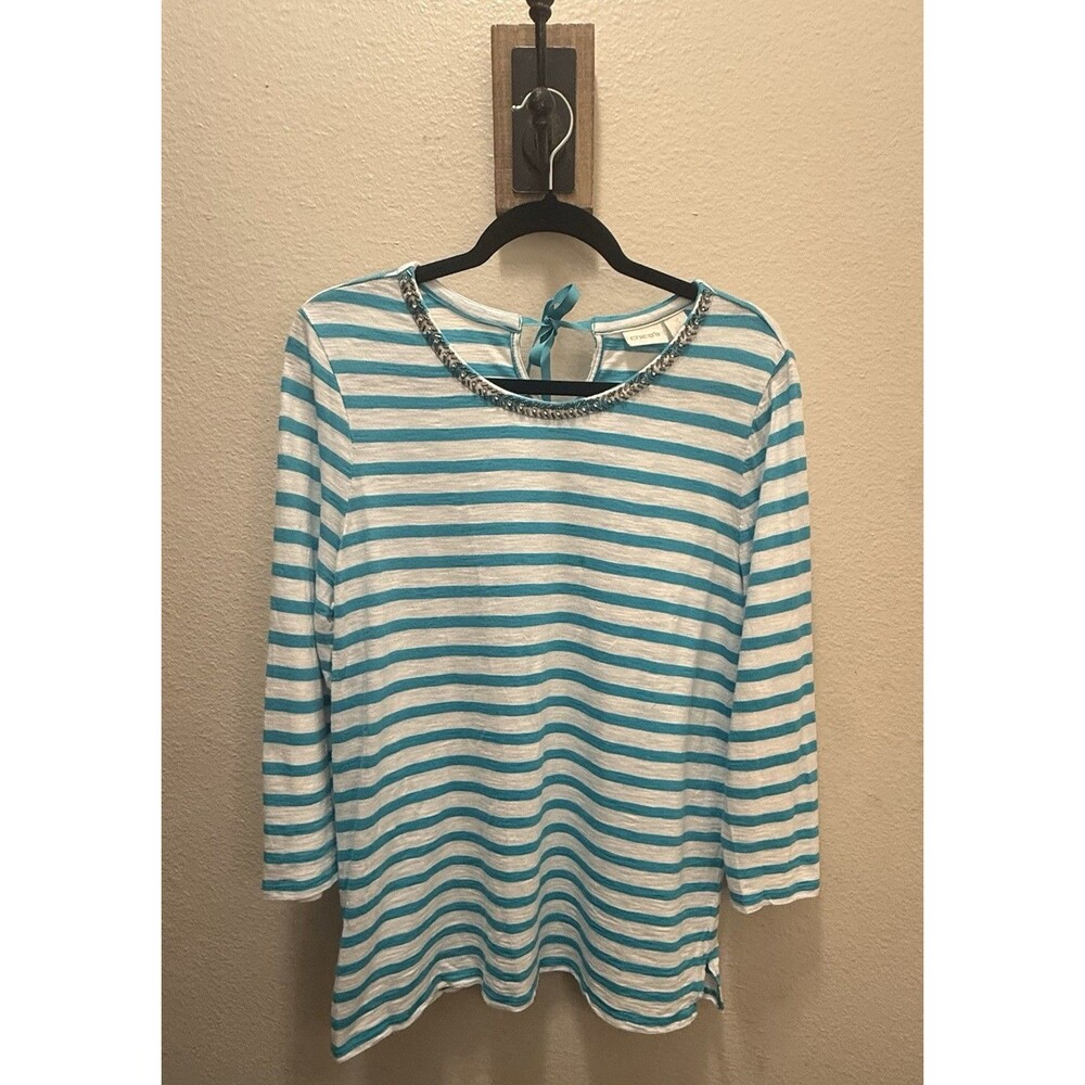 Chico’s Size 3 Turquoise Stripe Embellished Top Coastal Chic Boho XL